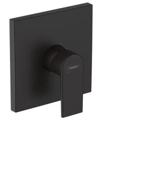 Einhebel-Brausemischer von Hansgrohe in Mattschwarz, angebaut auf einer quadratischen Wandplatte. Die Steuerung zeigt Farbmarkierungen für warmes und kaltes Wasser.